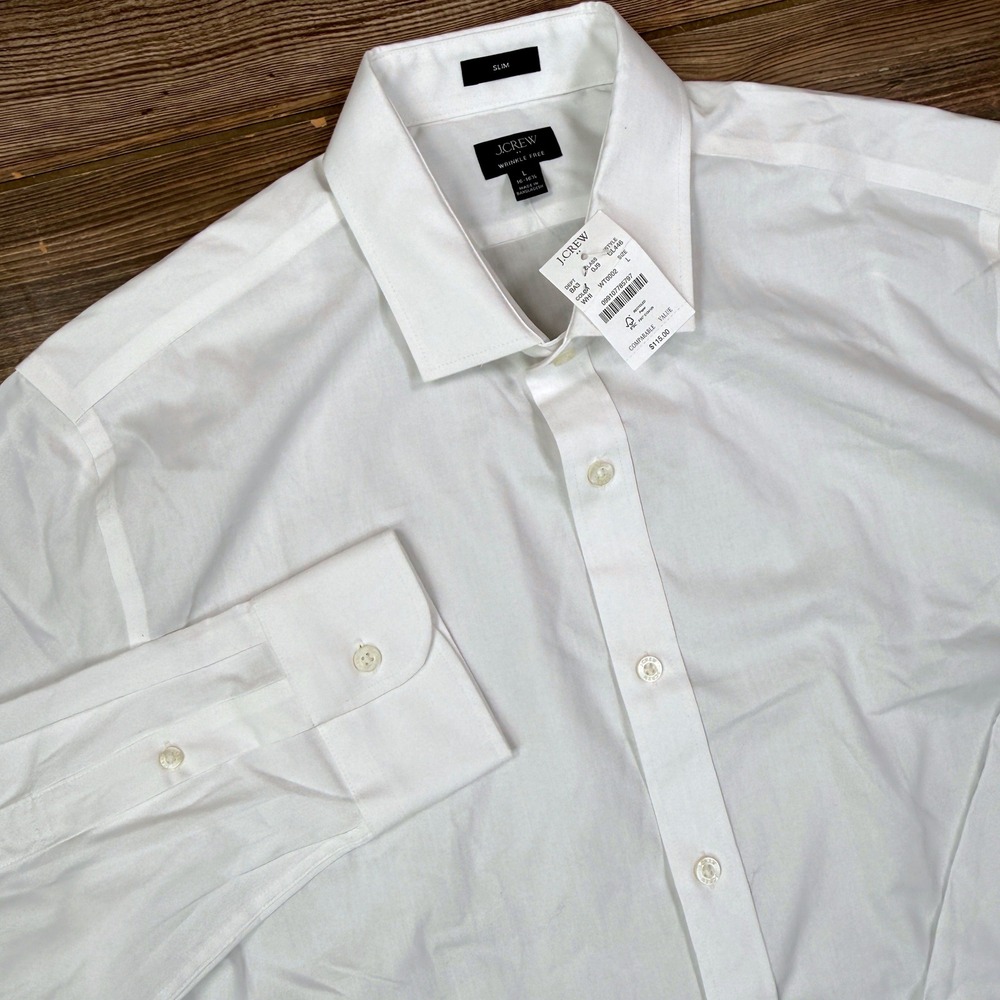 J.Crew Mens LARGE Slim Dress Shirt White Wrinkle Free Cotton Stretch CL446 NEW